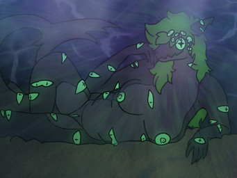 anthro big_breasts black_body breasts eyes_on_body female fupa genitals glowing glowing_genitalia glowing_nipples glowing_vulva green_eyes green_hair hair lying multi_eye nipples on_side radiation sea seabed slightly_chubby slightly_chubby_female solo underwater vulva water notkojiro pressure_(roblox) eyefestation_(pressure) aquatic bull_shark carcharhinus fish requiem_shark shark 4:3 absurd_res hi_res