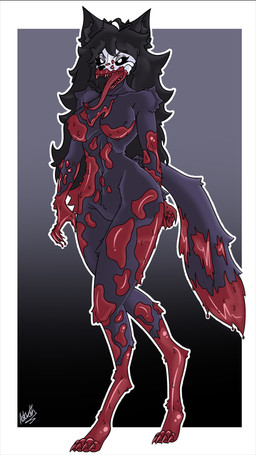 anthro black_hair black_sclera blood blood_drip bodily_fluids bone border breasts claws digitigrade dripping ears_up eyebrow_through_hair eyebrows eyelashes eyelashes_through_hair eyeshadow fangs female fur gradient_background grey_body grey_fur hair long_hair long_tail long_tongue makeup narrowed_eyes navel_outline pointy_ears simple_background skull skull_head tail teeth toe_claws tongue translucent translucent_hair white_border white_eyes astarothfelyrdraws scp_foundation scp-1471-a canid canine malo mammal digital_drawing_(artwork) digital_media_(artwork) line_art signature