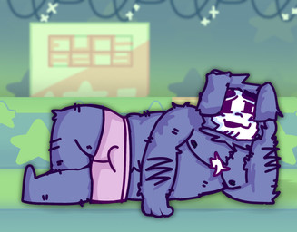 anthro barazoku chest_tuft clothed clothing fluffy front_view fur furniture hairy looking_at_viewer lying lying_on_sofa machine male nipples on_side on_sofa overweight overweight_anthro overweight_male purple_body purple_fur simple_background sofa solo sparkles star topless topless_male tuft underwear vending_machine white_body white_fur furkazry deltarune undertale_(series) ramb_(deltarune) canid mammal hi_res
