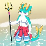 anthro beach blue_body clothed clothing fin holding_object holding_weapon horn male melee_weapon polearm purple_eyes red_clothing shark_tail solo topless trident weapon young zetsuya06 mythology samudra_(zetsuya06) dragon fish hybrid marine mythological_creature mythological_scalie scalie shark 1:1 hi_res