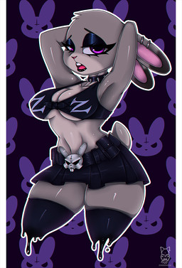 alternate_costume alternative_fashion anthro bottomwear breasts buckteeth choker cleavage clothed clothing collar dipstick_ears ear_markings ear_piercing ears_down facial_piercing female fur goth grey_body grey_fur half-closed_eyes jewelry legwear lip_piercing looking_at_viewer markings midriff multicolored_ears narrowed_eyes navel necklace pattern_background piercing pivoted_ears pose purple_eyes raised_arm seductive shortstack shortstack_female simple_background skimpy skirt solo spiked_collar spikes teeth thick_thighs thigh_highs under_boob zombieray10 disney zootopia judy_hopps european_rabbit lagomorph leporid mammal oryctolagus rabbit 2018 digital_media_(artwork) hi_res
