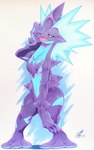 anthro blue_body blue_skin blush blush_lines breasts eyelashes female grey_eyes narrowed_eyes navel non-mammal_breasts open_mouth purple_body purple_skin simple_background solo tongue 025aki nintendo pokemon generation_8_pokemon lizard low_key_toxtricity pokemon_(species) reptile scalie toxtricity 2024 absurd_res dated hi_res signature