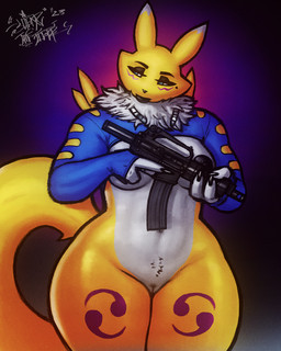 3_fingers anthro areola black_areola blue_eyes breasts clothed clothing double_tomoe eyebrows female fingers fur genitals gun half-closed_eyes ineffective_clothing jewelry lips markings mole_(marking) mostly_nude multicolored_body multicolored_fur narrowed_eyes navel necklace ranged_weapon solo standing thick_bottom_lip thick_thighs tight_clothing tomoe_(symbol) two_tone_body two_tone_fur vulva weapon white_body white_fur wide_hips yellow_body yellow_fur sligarthetiger bandai_namco digimon canid digimon_(species) mammal renamon 2023 hi_res portrait signature three-quarter_portrait