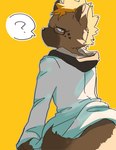 anthro blonde_hair brown_body brown_fur clothing eyewear fur glasses hair hoodie looking_at_viewer looking_back male markings question_mark solo spots spotted_body spotted_fur topwear bone_color919 lifewonders live_a_hero roiker hyena mammal spotted_hyena 2024