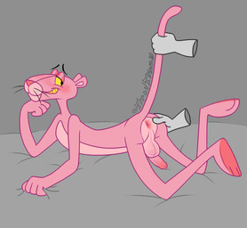 anthro anus balls bed disembodied_hand duo floating_eyebrows foreskin furniture genitals grey_background male penis pink_body simple_background smile solo yellow_sclera tiredtizzy pink_panther felid mammal pantherine hi_res