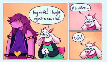 anthro blue_border bofa border clothing dialogue duo eyewear female freckles fur glasses horn humor male pink_body robe text white_body white_fur butlerkitty deltarune undertale_(series) ralsei susie_(deltarune) bovid caprine darkner goat mammal comic english_text