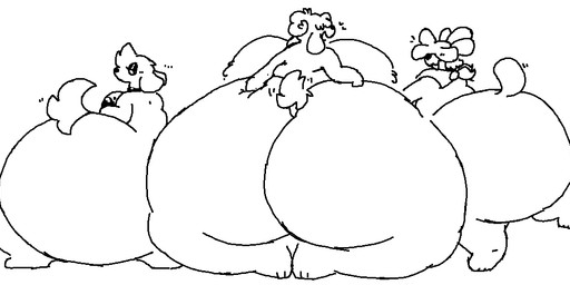 1-bit anthro big_breasts big_butt breasts butt butt_focus collar dreadlocks female floppy_ears group huge_breasts huge_butt hyper hyper_butt looking_at_viewer looking_back looking_back_at_viewer monobutt small_head small_tail tail trio lunasheepcat canid canine canis domestic_dog mammal aliasing black_and_white digital_drawing_(artwork) digital_media_(artwork) line_art monochrome