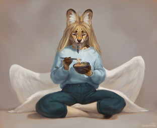 anthro blonde_hair blue_bottomwear blue_clothing blue_topwear bottomwear bowl clothed clothing container dipstick_ears ear_markings eating feathered_wings feathers female food front_view fur hair holding_bowl holding_container holding_object inner_ear_fluff multicolored_ears noodles sitting solo tan_body tan_fur topwear tuft white_inner_ear_fluff white_wings wings yellow_body yellow_fur lostgoose felid mammal 2023 dated hi_res signature