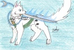 bandage blue_background blue_eyes chain cheek_tuft claws facial_tuft feral fluffy fluffy_tail fur leg_tuft male melee_weapon quadruped simple_background solo sword tail tail_tuft tuft weapon white_body white_fur unknown_artist bleach_(series) toshiro_hitsugaya canid canine canis mammal wolf signature