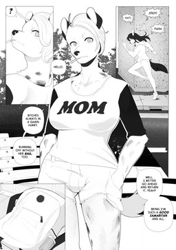 anthro bag bench bottomwear breasts bulge cigarette cigarette_in_mouth clenched_teeth clothing dialogue duo female footwear fur greeting gynomorph hair hand_in_pocket intersex looking_at_viewer object_in_mouth outside pants pockets profanity road running shirt shoes short_hair shorts tail teeth text topwear corablue canid mammal comic digital_media_(artwork) english_text hi_res monochrome