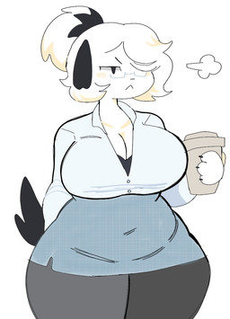 :< anthro big_breasts biped black_claws black_ears black_tail blue_clothing blue_dress bottomwear breasts breath claws clothed clothing coffee_cup container cup dress eyewear female female_anthro floppy_ears front_view fur glasses grey_bottomwear grey_clothing grey_topwear grumpy hair half-closed_eyes hand_behind_back huge_breasts kemono multicolored_hair narrowed_eyes one_eye_obstructed ponytail secretary simple_background skirt solo standing tail topwear two_tone_hair white_background white_body white_fur white_hair wide_hips puppkittyfan1 pepper_(fawnpawss) canid canine canis domestic_dog mammal 2021 digital_media_(artwork) hi_res portrait shaded simple_shading three-quarter_portrait