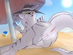 anthro anus ball beach beach_ball big_anus big_tail breasts butt clothing electronics female genitals hair hat headgear headwear holding_object holding_phone inflatable long_tail musical_note musical_symbol nude phone presenting presenting_hindquarters pussy raised_tail sand sand_on_butt solo stripes symbol tail tail_anus teeth thick_tail thick_thighs umbrella white_hair wide_hips tcg_(artist) freaky_ass_shark fish marine requiem_shark shark tiger_shark 4:3 digital_media_(artwork)