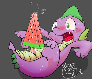 animal_genitalia anthro biped blush bodily_fluids cloaca food food_fetish food_play fruit genitals green_eyes horizontal_cloaca lying male masturbation melon nude open_mouth oral penis plant saliva simple_background solo tail thick_tail tongue watermelon young young_anthro young_male m@rt friendship_is_magic hasbro my_little_pony mythology spike_(mlp) dragon mythological_creature mythological_scalie scalie