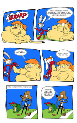 anthro belly big_belly big_breasts breasts dialogue female fur group hair huge_belly male nipples nude nude_female orange_hair outside overweight speech_bubble text white_body white_fur yellow_body agouti-rex canid canine canis cheetah domestic_dog felid feline hare lagomorph leporid mammal reptile scalie turtle 2015 comic english_text hi_res