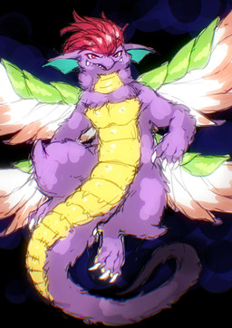 4_wings ambiguous_gender claws cloud cloudy_sky feathered_wings feathers feral flying front_view fur kemono looking_at_viewer multi_wing purple_body purple_fur scales sky solo wings yellow_body yellow_scales ingi mana_(series) mythology secret_of_mana square_enix mana_beast dragon furred_dragon furred_scalie mythological_creature mythological_scalie scalie 2023 hi_res