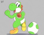 ambiguous_gender anthro back_spikes clothing dancing egg feral footwear footwear_only mostly_nude saddle shoes shoes_only smile solo spikes spikes_(anatomy) tailbutt meatboom mario_bros nintendo dinosaur green_yoshi prehistoric_species reptile scalie yoshi 2021