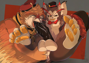 anal anal_fingering anal_wink annoyed anus arms_tied balls beak beak_fetish beak_play beak_sex beakjob big_balls big_penis blowjob_face bodily_fluids bottomless bound bow_accessory bow_tie butt claws clothed clothing dripping duo feathered_wings feathers feet fellatio fellatio_while_penetrated fingering foot_focus genitals hands_tied legs_tied male male/male oral pawpads paws penile penis phaethon_(nox) raised_paw saliva saliva_drip saliva_on_anus saliva_on_penis saliva_on_tongue saliva_string sex spread_anus spread_butt spread_legs spread_toes spreading toe_claws toes top_hat_only topwear topwear_only wing_fingers wings wings_tied tabascomilk hazbin_hotel hellaverse husk_(hazbin_hotel) avian bird domestic_cat felid feline felis mammal absurd_res hi_res