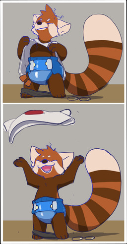 age_regression anthro bed bedroom big_tail blue_eyes clean_diaper clothed clothing diaper exposed_diaper eyes_closed eyewear fangs fur furniture glasses groggy inside male markings oblivious open_mouth open_smile orange_body orange_fur oversized_clothing paws raised_clothing smile solo standing striped_markings striped_tail stripes tail tail_markings teeth throwing_clothing undressing walking white_body white_fur tropojet jet_(tropojet) ailurid mammal red_panda comic hi_res