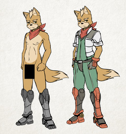 anthro biped censor_bar claws clothed clothing cybernetics green_eyes grumpy jacket jumpsuit kemono machine male mostly_nude prosthetic prosthetic_leg prosthetic_limb scarf simple_background solo standing text toe_claws topwear young raxkiyamato nintendo star_fox fox_mccloud canid canine cyborg fox mammal 2015 censored sketch