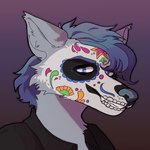 1:1 2021 anthro black_clothing black_shirt black_topwear bodypaint calavera calavera_face_paint canid canine canis cempasuchil_(flower) cheek_tuft clothing day_of_the_dead digital_drawing_(artwork) digital_media_(artwork) esteban_(wolfnes) face_paint facial_tuft flower fur gradient_background grey_body grey_fur hair headshot_portrait hi_res holidays inner_ear_fluff looking_at_viewer male mammal marigold_(flower) plant portrait purple_eyes purple_hair shaded shirt simple_background simple_shading skull_face_paint skull_pattern smile smiling_at_viewer solo toffee_32 topwear tuft wolf