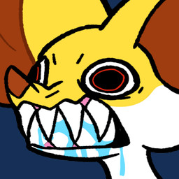 ambiguous_gender angry bodily_fluids drooling emote fangs feral fur humor rabies red_eyes saliva scrunchy_face solo teeth white_body white_fur yellow_body yellow_fur blitzdrachin conditional_dnp nintendo pokemon canid delphox generation_6_pokemon mammal pokemon_(species) low_res meme