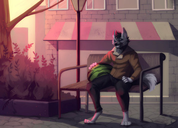 anthro biped clothed clothing food fruit fur hair male melon outside plant sitting smile solo watermelon kuroame canid canine mammal