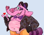 anthro belly bow_tie clothed clothing fur hat headgear headwear heart_symbol humanoid_hands male moobs navel one_eye_closed overweight overweight_male pink_body pink_fur simple_background solo wink lewdookami disney inside_out pixar bing_bong imaginary_friend mammal 2021