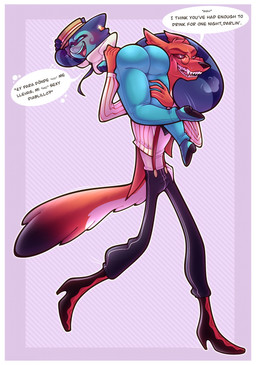 anthro asking_another big_butt blue_body blue_eyes blue_fur blush border breath butt carrying_another clothed clothed_anthro clothed_female clothed_male clothing drunk duo eyewear female flirting fur glasses hat headgear headwear hiccuping latina looking_back male male/female narrowed_eyes open_mouth open_smile pattern_background red_body red_fur red_sclera sharp_teeth sigh simple_background smile speech_bubble substance_intoxication tail talking_to_another teeth text wearing_glasses white_border white_eyes frazzy_bear cazadora_(rentonreverb) dandy_(rentonreverb) canid canine canis coyote fox mammal procyonid raccoon english_text hi_res spanish_text