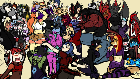 antennae_(anatomy) anthro beak biceps big_breasts big_butt blush breasts butt claws clothed clothing eyes_closed facial_piercing feathers female fur group hair happy holidays horn insect_wings male muscular open_mouth piercing simple_background size_difference smile teeth thick_thighs tongue wings young masamaki guild_wars mythology new_year ailurid arthropod asura avian bird bovid bovine canid canine canis caprine cattle dragon equid eulipotyphlan felid fox goat goblin hedgehog human humanoid insect lagomorph lepidopteran leporid mammal moth mythological_creature mythological_scalie rabbit red_panda scalie wolf 16:9 2018 digital_media_(artwork) hi_res widescreen