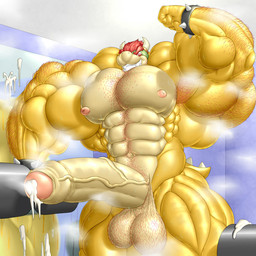 2_horns abs anthro armpit_hair big_muscles bodily_fluids body_hair cum exercise genital_fluids genitals half-erect horn huge_muscles hyper hyper_muscles leaking_cum male muscular muscular_anthro muscular_male nipples nude pecs penis smile smirk solo sweat weightlifting workout zerozero mario_bros nintendo bowser koopa scalie 1:1 hi_res