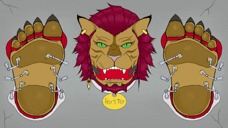 5_toes anthro ball_gag beard black_tipped_ears brown_body brown_fur brown_pawpads claws collar collar_tag ear_piercing ear_ring facial_hair fangs feet foot_fetish foot_focus fur gag gagged green_eyes green_sclera hair male pawpads piercing plantigrade pupils red_beard red_facial_hair red_hair restrained ring_piercing slit_pupils solo teeth tickle_fetish tickle_torture tickling tickling_feet tickling_machine toe_claws toe_restraints toes mahaha final_fantasy final_fantasy_xiv square_enix felid hrothgar mammal animated better_version_at_source