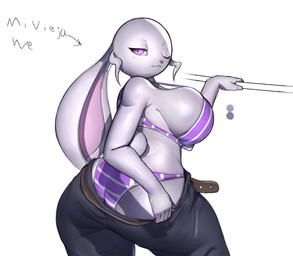 :3 anthro belt big_breasts big_butt black_bottomwear black_clothing black_pants bottomwear bra breasts butt clothing female female_anthro fur glistening glistening_body glistening_fur huge_breasts one_eye_closed panties pants pink_eyes pink_nose purple_bra purple_clothing purple_panties purple_underwear scut_tail seductive short_tail side_boob simple_background solo standing tail text thick_thighs underwear white_background white_body white_fur wide_hips wink pokejumpn lagomorph leporid mammal rabbit hi_res spanish_text