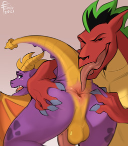 4_fingers anal anthro anthro_on_anthro anthrofied anus anus_focus backsack balls bent_over black_eyebrows black_eyes black_hair black_nose blush bodily_fluids butt butt_grab claws countershade_balls countershade_genitalia countershade_scales countershade_torso countershading dipstick_tail duo ears_back erection eyebrows fingers frill_(anatomy) genitals grey_background grey_claws grey_eyes hair hand_on_butt head_crest head_frill horn leg_markings long_tongue looking_at_viewer looking_back male male/male male_anthro markings membrane_(anatomy) membranous_wings multicolored_tail narrowed_eyes non-mammal_balls oral penis perineum pink_anus pink_penis pink_tongue pivoted_ears presenting presenting_anus presenting_hindquarters purple_body raised_eyebrow raised_tail rear_view red_body rimming saliva saliva_on_anus saliva_on_perineum scales seductive sex simple_background spiked_tail spikes spikes_(anatomy) spread_anus spread_butt spreading standing tail tail_markings teeth teeth_showing text tongue tongue_out wings yellow_balls yellow_body yellow_countershading yellow_horn yellow_perineum yellow_scales yellow_wings famir activision american_dragon:_jake_long disney european_mythology mythology spyro_the_dragon jake_long spyro dragon mythological_creature mythological_scalie reptile scalie western_dragon 2021 absurd_res artist_name crossover hi_res signature