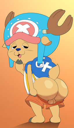 anthro antlers backpack backsack balls big_butt blush bottomwear bottomwear_down butt clothed clothing genitals half-closed_eyes hat headgear headwear hooves horn looking_at_viewer looking_back male mooning narrowed_eyes orange_background partially_clothed perineum shirt shorts shorts_down shota simple_background solo tan_background thick_thighs topwear young jerseydevil one_piece tony_tony_chopper deer mammal new_world_deer reindeer 2018 absurd_res hi_res