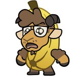 anthro banana banana_costume brown_body brown_fur chibi clothing costume curved_horn eyewear facial_hair food food_costume fruit fruit_costume fur glasses goatee horn male open_mouth plant simple_background solo teary_eyes white_background wool_(fur) wool_hair mocheccino moche_(mocheccino) bovid caprine mammal sheep 1:1