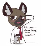 anthro beverage blush coffee coffee_cup container cup dialogue fangs looking_at_viewer mail male necktie simple_background solo talking_to_viewer teeth text theartmanor aggretsuko sanrio haida_(aggretsuko) hyena mammal spotted_hyena 2018 absurd_res english_text hi_res