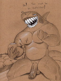 amputee anthro balls biped coconut dialogue disability dorsal_fin drupe_(fruit) fin fingers fish_hook food foreskin fruit genitals gills glans hook humanoid_genitalia humanoid_penis male penis plant scar sharp_teeth solo tail talking_to_viewer teeth text vein veiny_penis x_scar tush_(artist) aquatic fish shark absurd_res english_text hi_res