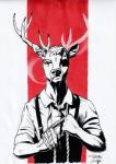 5_fingers anthro clothing fingers holding_object horn inner_ear_fluff male necktie rope shirt smoking solo suspenders topwear tuft unbuttoned_shirt whiskers scifer harton_crown deer mammal hi_res portrait restricted_palette