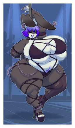 5_fingers anthro armband armwear big_breasts body_hair border breasts chain clothed clothing collar curvy_figure digit_ring ear_piercing female fingers fur grey_body grey_fur hair happy_trail huge_breasts jewelry legwear long_ears looking_at_viewer medium_hair multicolored_body multicolored_fur navel one_eye_closed open_mouth overweight overweight_anthro overweight_female piercing pubes purple_eyes purple_hair skimpy solo spiked_collar spikes standing teeth thick_thighs tongue torn_armwear torn_clothing torn_legwear two_tone_body two_tone_fur voluptuous white_body white_border white_fur wide_hips mr.pink coco_(mr.pink) lagomorph leporid mammal rabbit full-length_portrait hi_res portrait