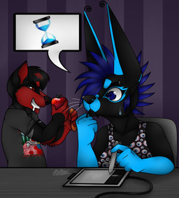 anthro artist chibi drawing_tablet duo female fur humor hunting love male male/female mohawk piercing romantic romantic_couple silly time timer thehuntingwolf halon canid canine canis jackal mammal wolf 2015 digital_media_(artwork) hi_res