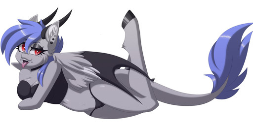 ankle_fluff anthro arm_under_breasts breasts butt choker clothing ear_piercing eye_makeup eyelashes fangs feathered_wings feathers female forked_tongue hair hooves horn jewelry legs_up long_tail lying makeup membrane_(anatomy) membranous_wings mouth_piercing navel necklace open_mouth panties piercing pose pupils shirt short_hair slit_pupils solo spines spread_wings tail tail_fluff tank_top teeth tongue tongue_out topwear underwear wide_hips wings melodytheartpony hasbro my_little_pony mythology fan_character dracony dragon dragon_pony equid equine horse hybrid mammal mythological_creature mythological_scalie pony scalie absurd_res hi_res