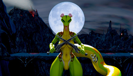 angry anthro anthrofied arm_tattoo barely_visible_genitalia barely_visible_vulva big_tail breasts female forked_tongue front_view full_moon genitals glistening glistening_body green_body green_eyes head_flower hip_tattoo holding_knife holding_object knife looking_at_viewer medium_breasts moon navel night non-mammal_breasts non-mammal_navel non-mammal_vulva outdoor_nudity outside shoulder_tattoo solo standing tail tail_tattoo tattoo teal_sclera thick_tail thick_thighs tongue tongue_out vulva wide_hips impaer_jaster da.nilkaz_(modeler) dreamworks kung_fu_panda master_viper reptile scalie snake viper 3d_(artwork) digital_media_(artwork) hi_res watermark