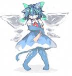 anthro blue_eyes blue_hair clothed clothing dress embarrassed female hair knock-kneed looking_at_viewer open_mouth pigeon_toed simple_background solo species_transformation standing transformation white_background wings young toribako touhou cirno canid canine fox mammal 2015