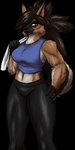 anthro athletic athletic_female biceps black_bottomwear black_clothing black_nose black_pants blue_clothing blue_crop_top blue_shirt blue_topwear bottomwear brown_body brown_fur brown_hair clothing crop_top facial_markings female fur green_eyes hair hand_on_hip head_markings markings midriff muscular muscular_anthro muscular_female muscular_thighs navel pants pink_inner_ear shirt side_eye smile solo tight_bottomwear tight_clothing tight_pants topwear towel towel_on_shoulder white_towel typhoonxvii amoriian_dawn shannon_keign'on canid canine canis domestic_dog german_shepherd herding_dog mammal pastoral_dog