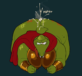 4_fingers after_sex all_fours anthro big_butt bodily_fluids body_writing bracelet butt cape clothing cum cum_fart fangs fingers fist front_view genital_fluids gold_(metal) gold_bracelet gold_jewelry green_body green_scales jewelry male moobs moon nipples overweight overweight_anthro overweight_male red_cape red_clothing scales simple_background solo tail tally_marks teary_eyes teeth tongue tongue_out writing_on_butt skoozletaz donkey_kong_(series) nintendo king_k._rool crocodile crocodilian reptile scalie 2026 digital_drawing_(artwork) digital_media_(artwork) english_description