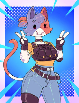 anthro arm_tattoo beady_eyes belt black_eyes bottomwear bulletproof_vest cheek_tuft clothed clothed_female clothing collar denim denim_bottomwear denim_clothing double_v_sign facial_tuft female fingerless_gloves gesture gloves grin hand_gesture handwear jeans jewelry legband pants shirt smile solo tail tattoo teeth topwear tuft v_sign wide_hips yellow_clothing yellow_shirt yellow_topwear 87_god epic_games fortnite cate_meowdy calico_cat domestic_cat felid feline felis mammal hi_res