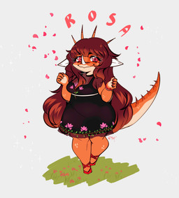 anthro biped black_clothing black_dress bracelet breasts brown_hair clothed clothed_anthro clothed_female clothing dress facial_horn female fingers floral_print flower footwear front_view grass hair horn humanoid_hands jewelry long_hair long_tail looking_at_viewer medium_breasts non-mammal_breasts orange_body plant pose red_eyes shoes smile solo sparkles spiked_tail spikes spikes_(anatomy) standing tail tan_body text thick_thighs ez_syrup goodbye_volcano_high ko_op_(game_developer) rosa_(gvh) aquilops ceratopsian dinosaur marginocephalian ornithischian prehistoric_species reptile scalie 2025 absurd_res character_name colored full-length_portrait hi_res portrait signature