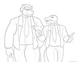 alternate_universe anthro business_suit clothing duo eyebrows hand_in_pocket horn male necktie patreon_logo pockets shell-less suit thick_eyebrows spelunker_sal mario_bros nintendo patreon roommates_(comic) bowser cregon alligator alligatorid crocodile crocodilian koopa reptile scalie hi_res line_art