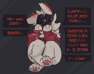 4_toes >_< ambiguous_gender anthro blush blush_lines bodily_fluids bottomless chest_tuft claws clothed clothing covering covering_crotch covering_face crossed_feet cum cum_on_clothing cum_on_face cum_on_head cum_on_leg dialogue ear_blush embarrassed eyes_closed feet fur genital_fluids keysmash_text legs_together lying machine off_shoulder on_back pawpads paws rawr red_pawpads simple_background solo speech_bubble sweater sweater_only text toe_claws toes topwear topwear_only tuft underpaw white_body white_fur dragonbooper protogen digital_media_(artwork) english_text hi_res