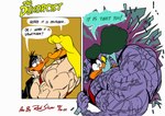 beak big_muscles blonde_hair claws clothing duo female flirting green_hair hair huge_muscles hyper hyper_muscles looking_at_another male male/female muscular muscular_arms purple_body simple_background surprise text transformation vein veiny_muscles redsilver looney_tunes warner_brothers daffy_duck melissa_duck anatid anseriform avian bird duck english_text hi_res